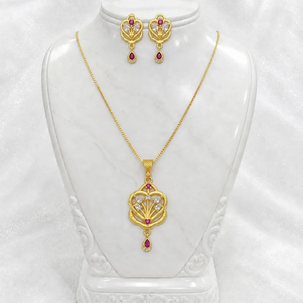 Gold Micro Plated Ad Ruby Floral Heart Pendant Necklace Set For Women
