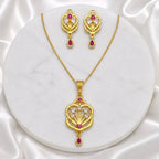 Gold Micro Plated Ad Ruby Floral Heart Pendant Necklace Set For Women