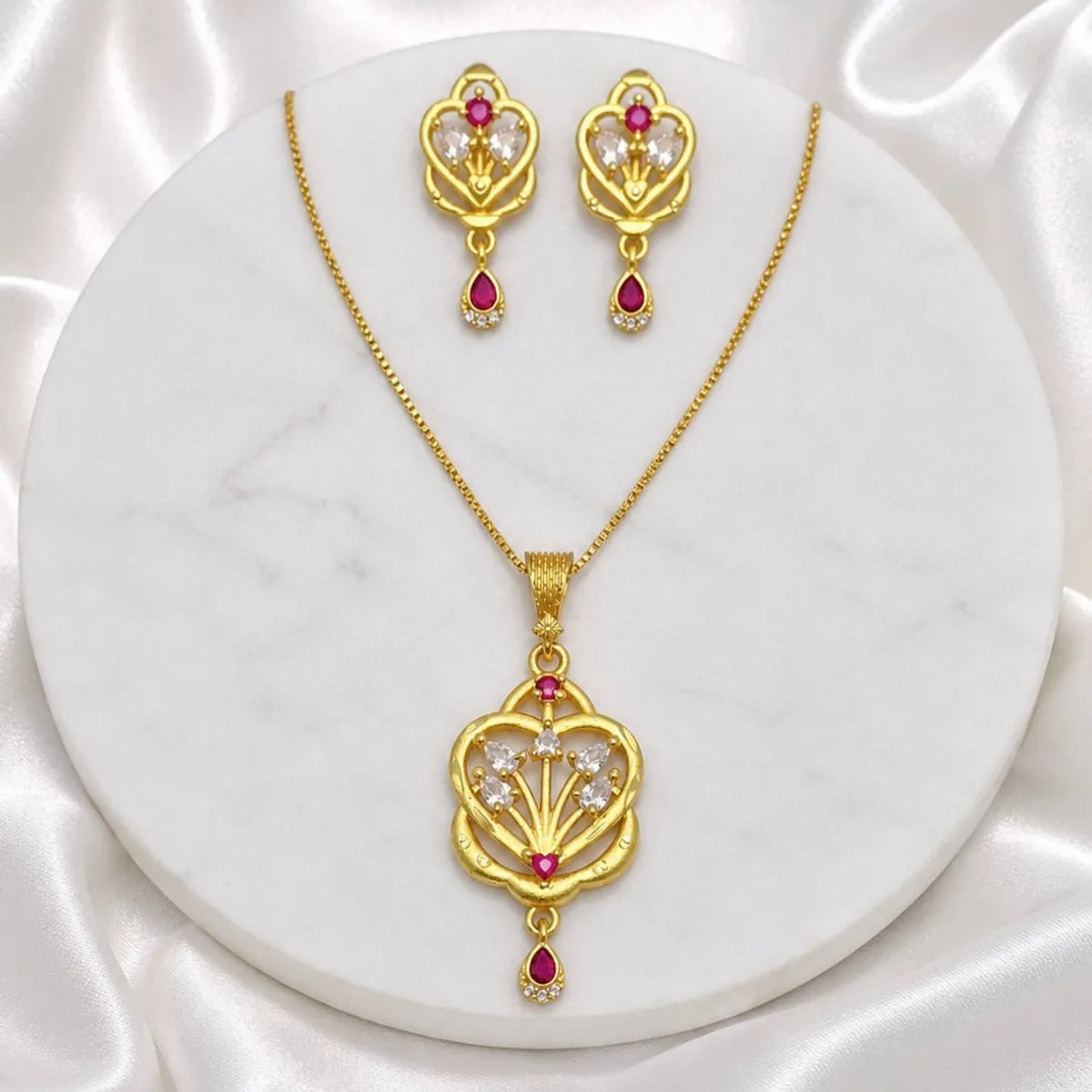 Gold Micro Plated Ad Ruby Floral Heart Pendant Necklace Set For Women