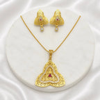 Red Gold Micro Plated Ad Ruby Trinity Clover Pendant Necklace Set