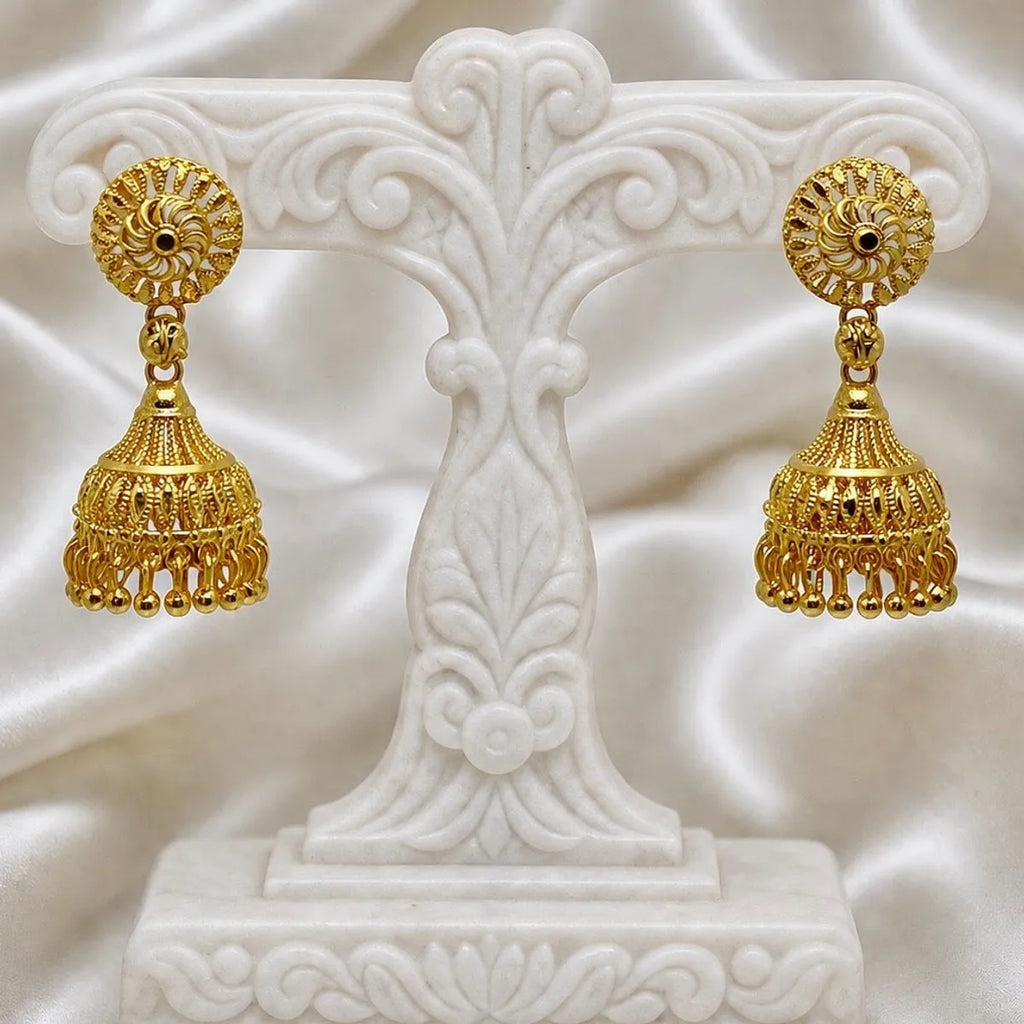 Gold Plated Petal Mesh Ghungroo Jhumki Earrings For Women
