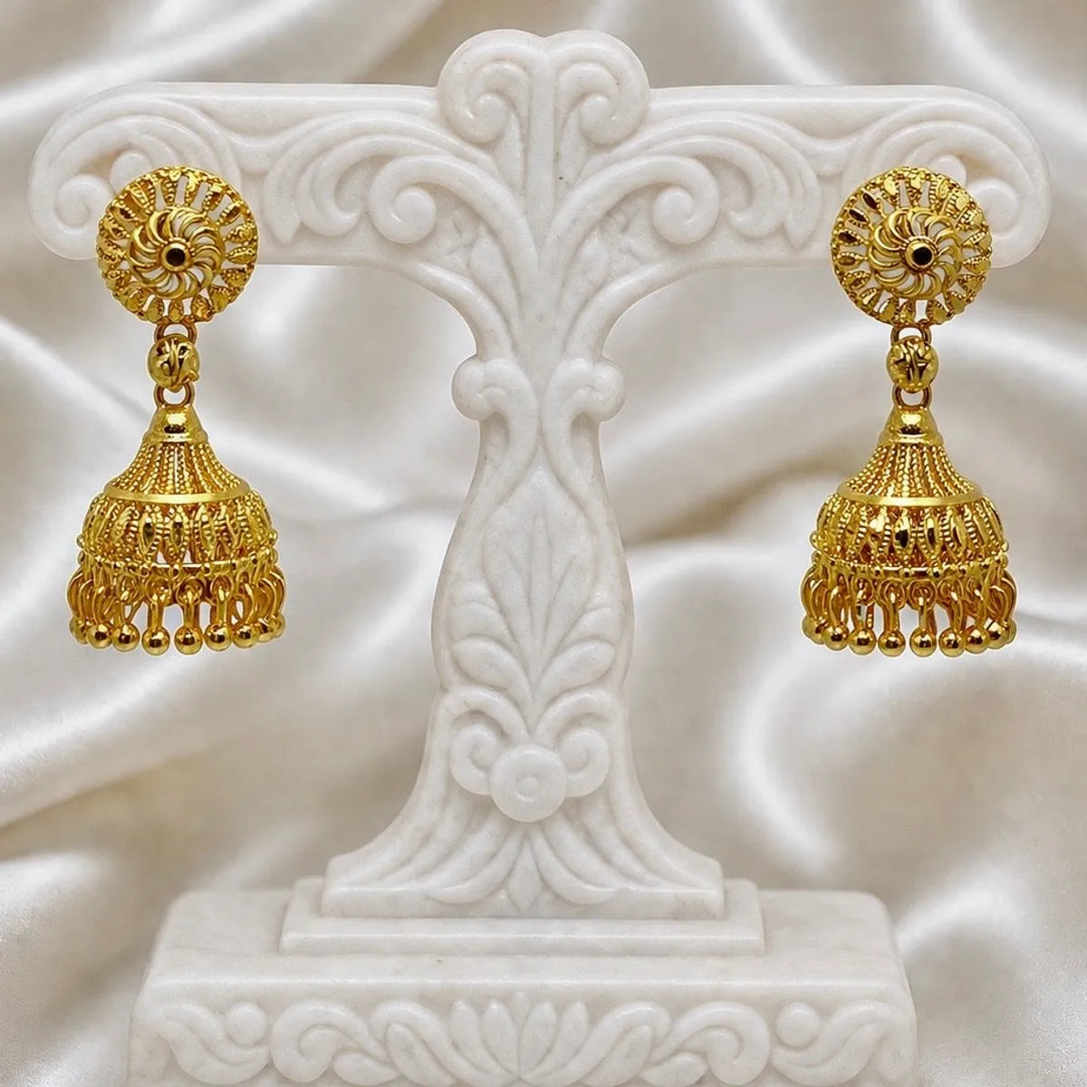 Gold Plated Petal Mesh Ghungroo Jhumki Earrings For Women