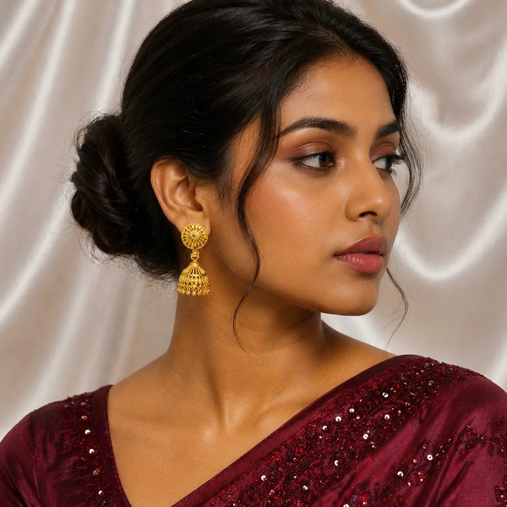 Gold Plated Petal Mesh Ghungroo Jhumki Earrings For Women