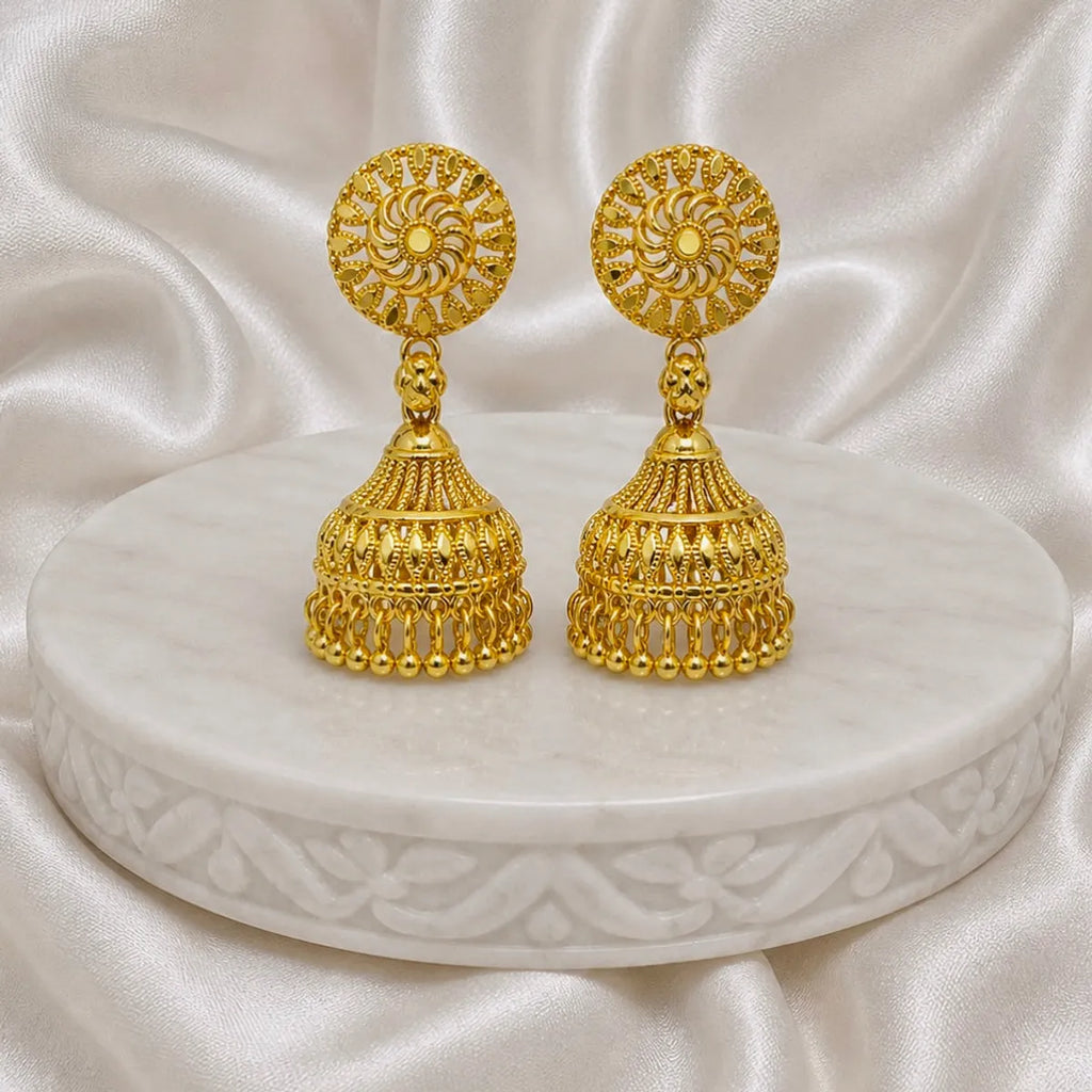 Gold Plated Petal Mesh Ghungroo Jhumki Earrings For Women