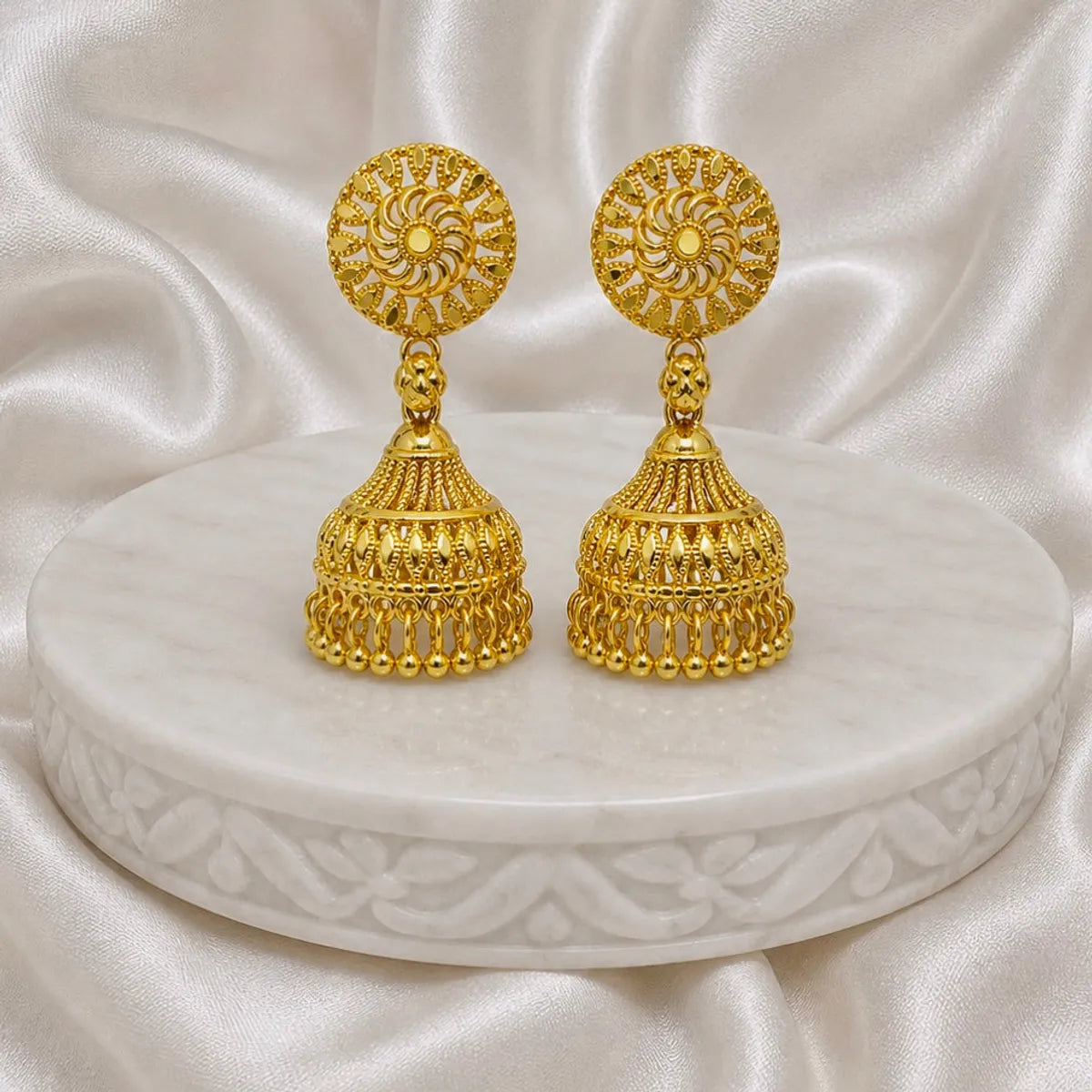 Gold Plated Petal Mesh Ghungroo Jhumki Earrings For Women