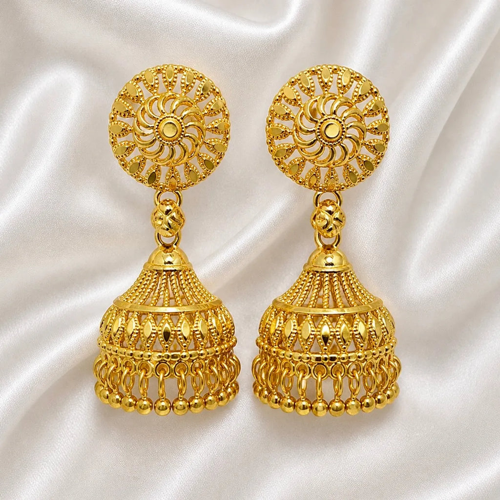 Gold Plated Petal Mesh Ghungroo Jhumki Earrings For Women