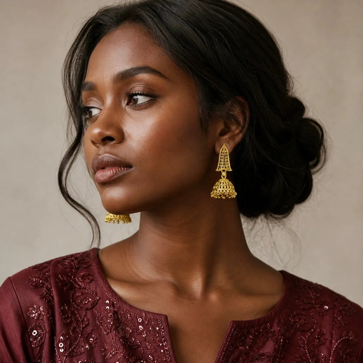 Gold Micro-Plated Copper Temple Triangular Ghungroo Jhumki Earrings