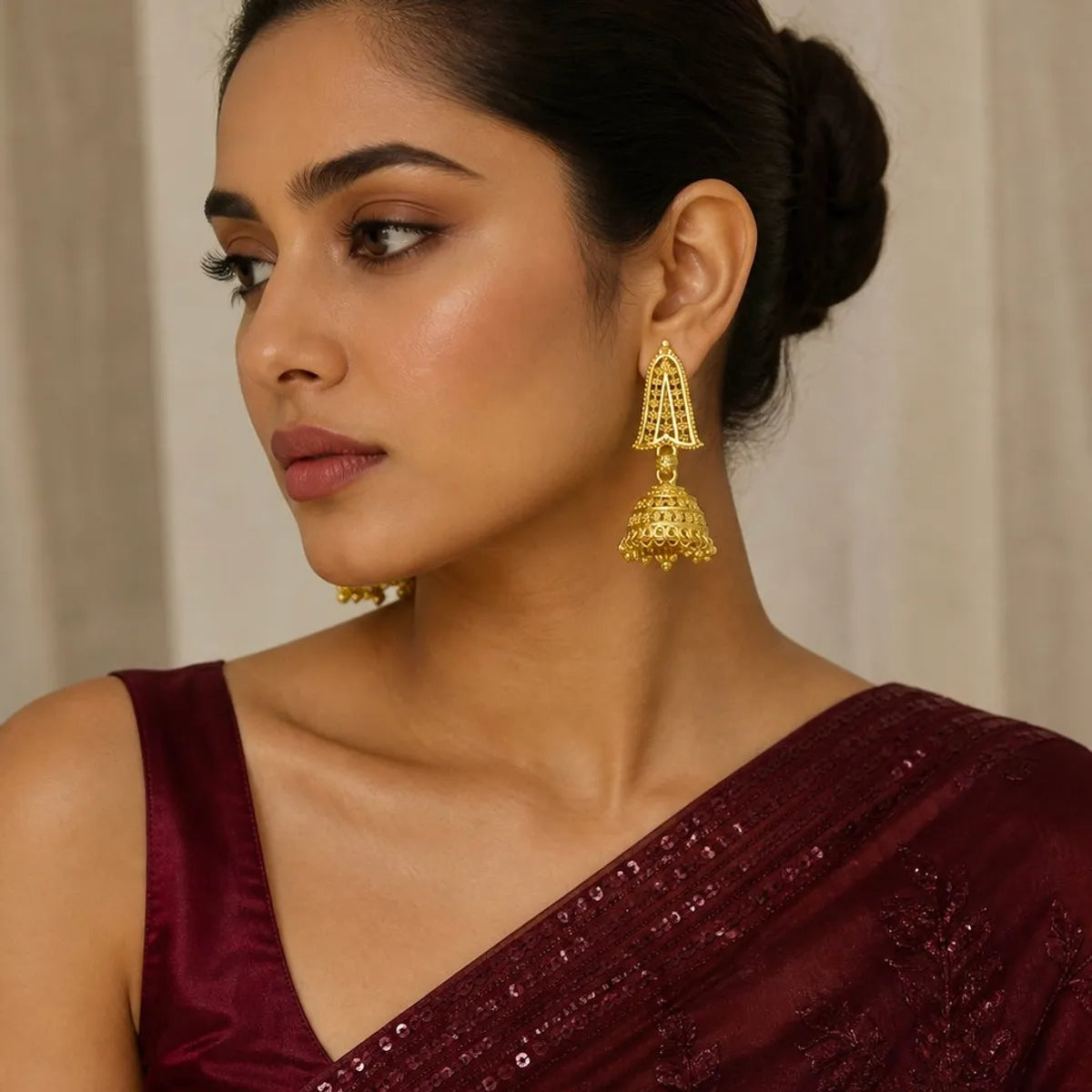 Gold Micro-Plated Copper Temple Triangular Ghungroo Jhumki Earrings