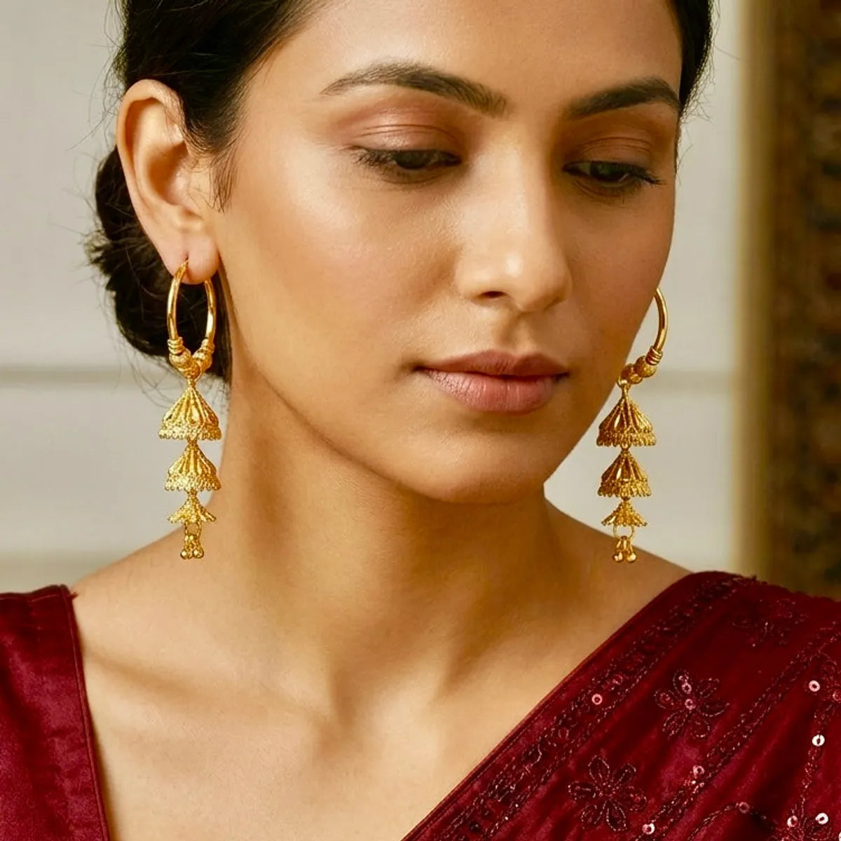 Gold Plated Hoop Tiered Temple Style Jhumka Drop Earrings For Women