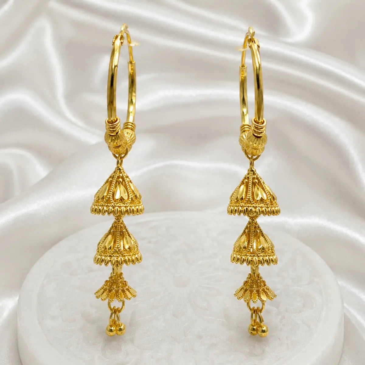 Gold Plated Hoop Tiered Temple Style Jhumka Drop Earrings For Women