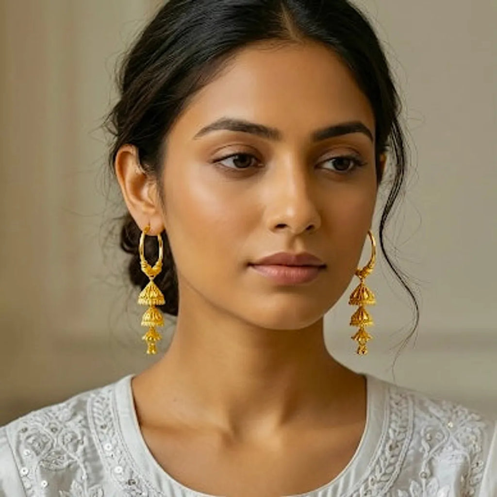 Gold Plated Hoop Tiered Temple Style Jhumka Drop Earrings For Women