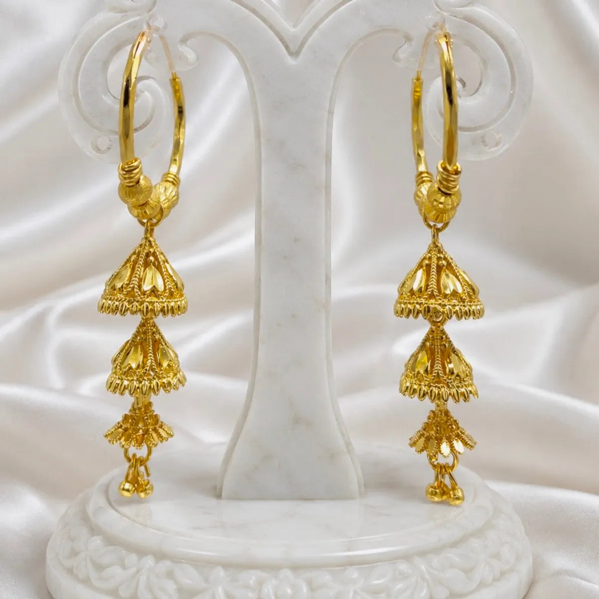 Gold Plated Hoop Tiered Temple Style Jhumka Drop Earrings For Women
