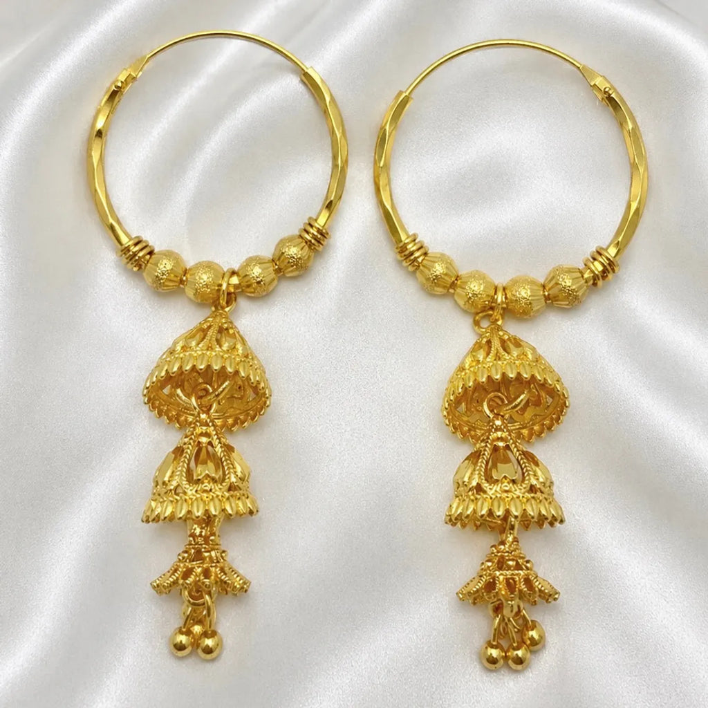 Gold Plated Hoop Tiered Temple Style Jhumka Drop Earrings For Women