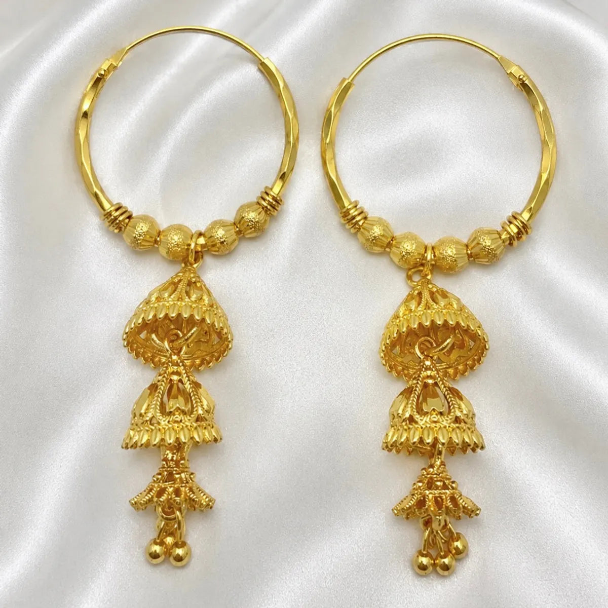 Gold Plated Hoop Tiered Temple Style Jhumka Drop Earrings For Women