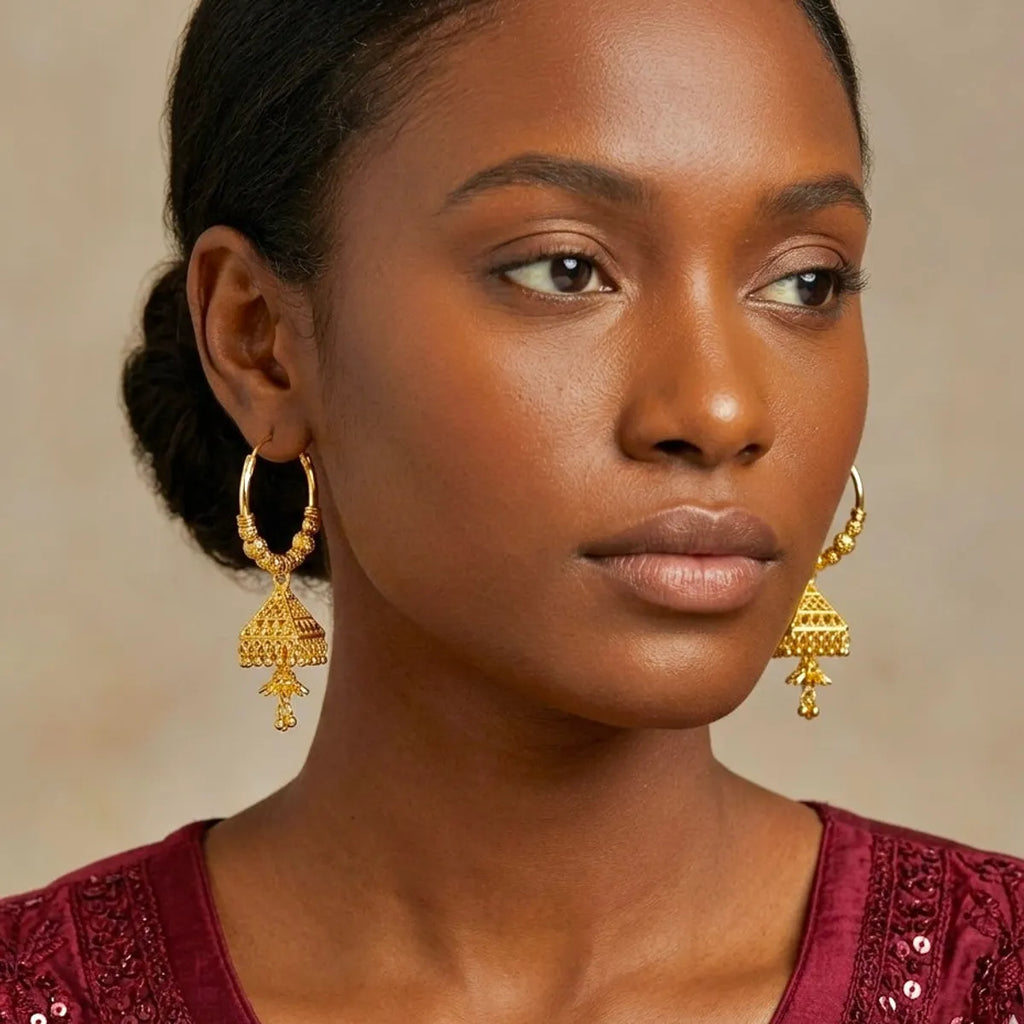 Gold Plated Beaded Hoop Triangular Jhumka Earrings For Women