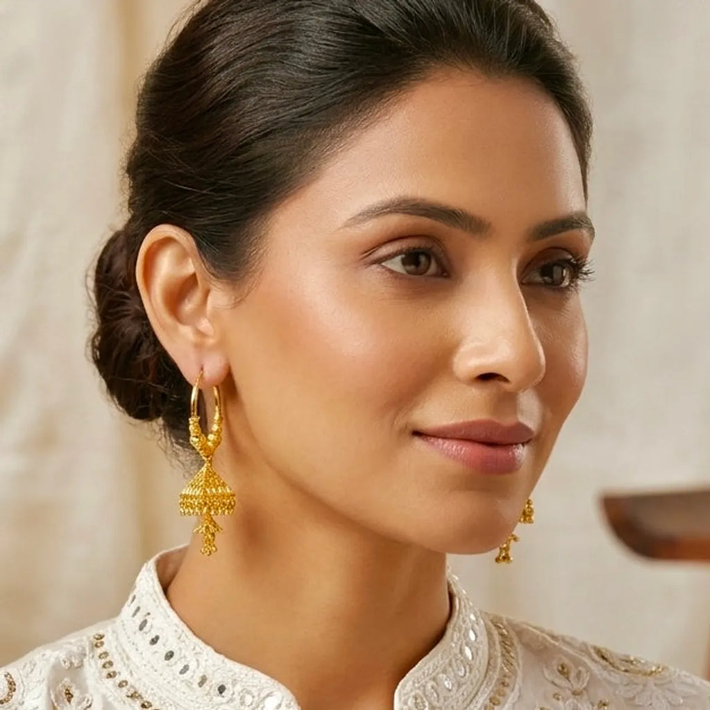 Gold Plated Beaded Hoop Triangular Jhumka Earrings For Women
