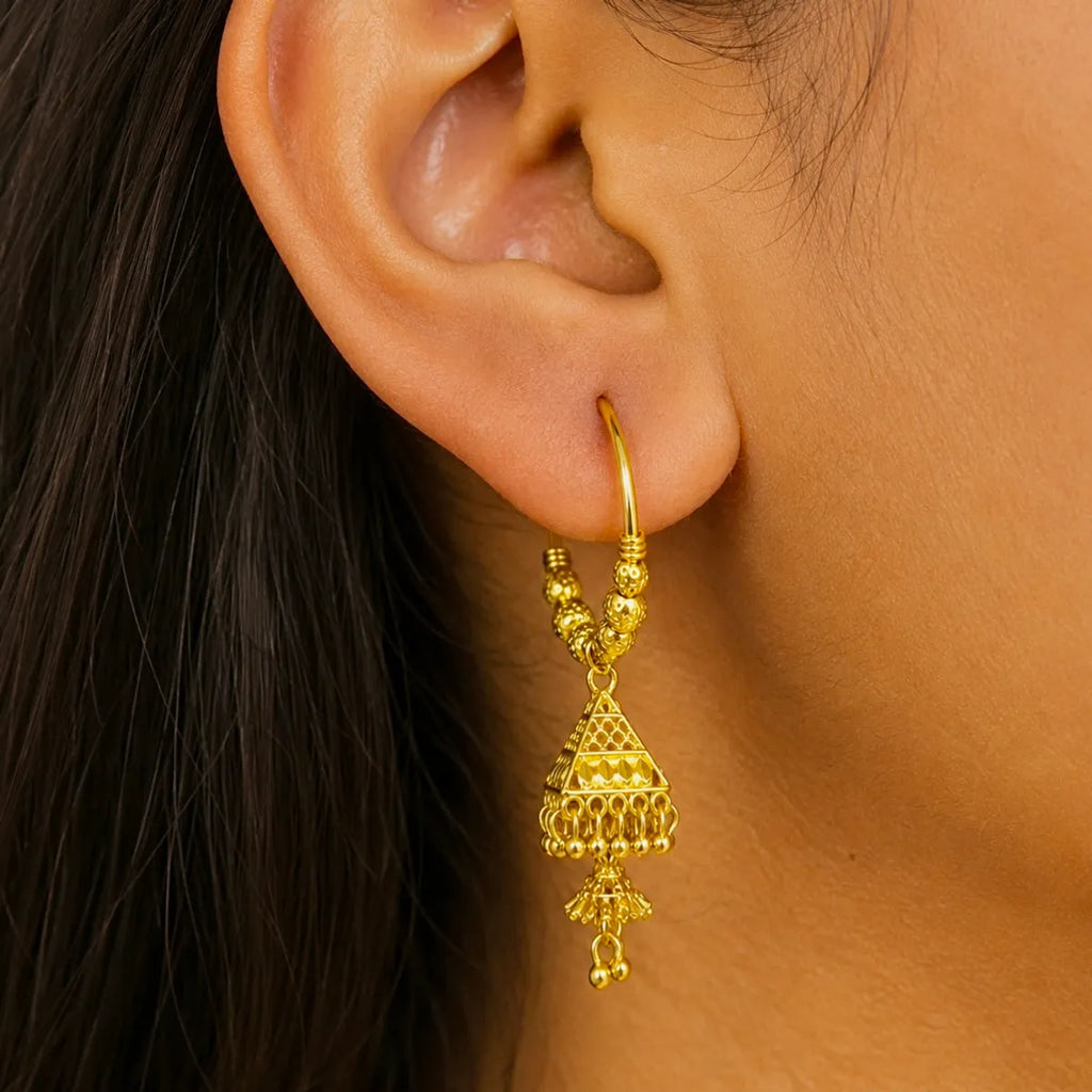 Gold Plated Beaded Hoop Triangular Jhumka Earrings For Women