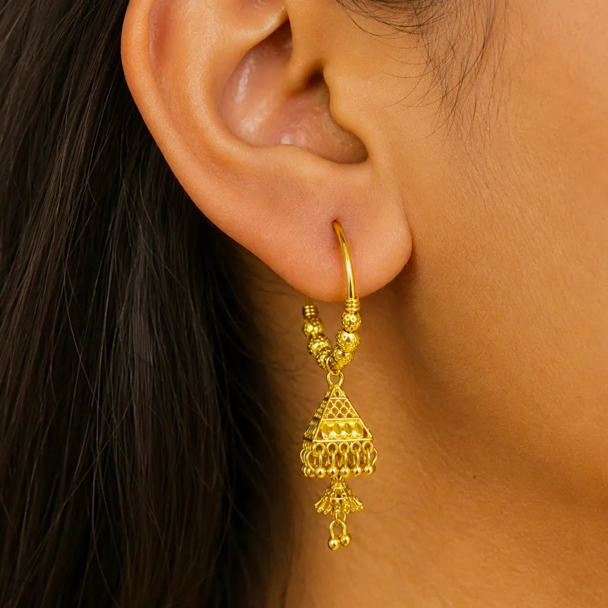 Gold Plated Beaded Hoop Triangular Jhumka Earrings For Women