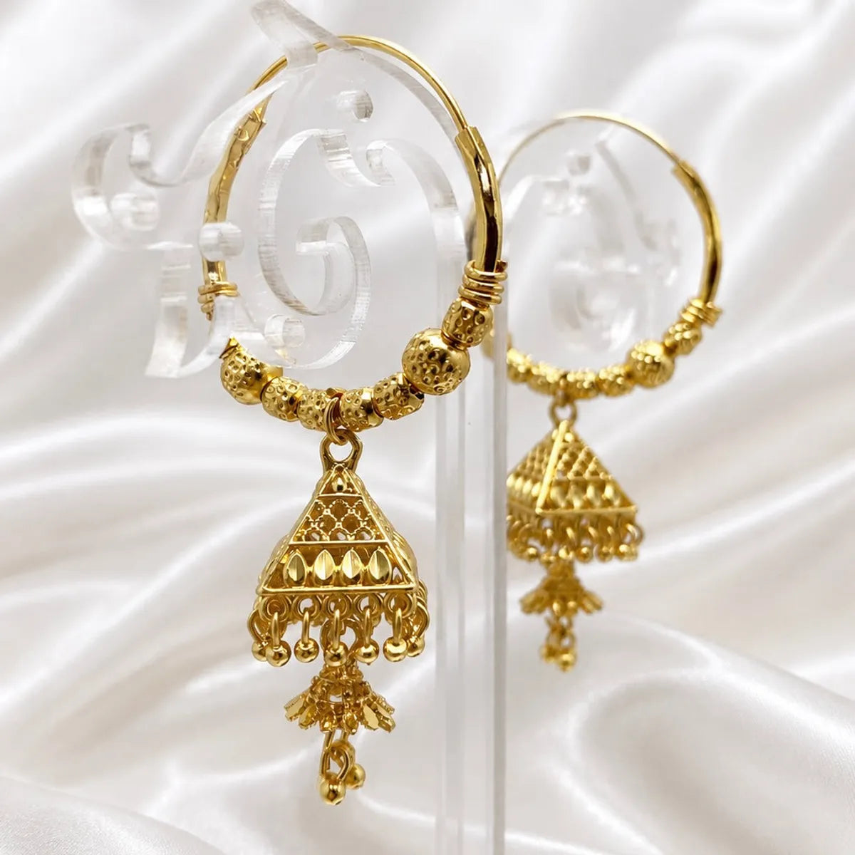 Gold Plated Beaded Hoop Triangular Jhumka Earrings For Women