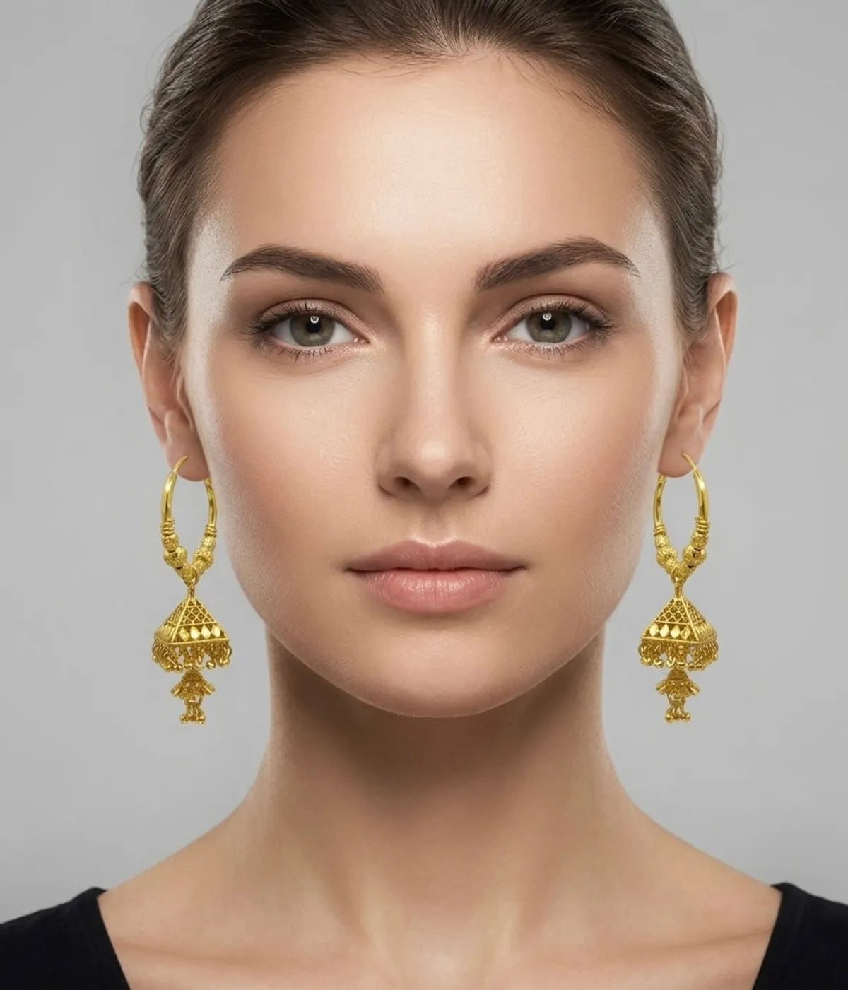 Gold Plated Beaded Hoop Triangular Jhumka Earrings For Women