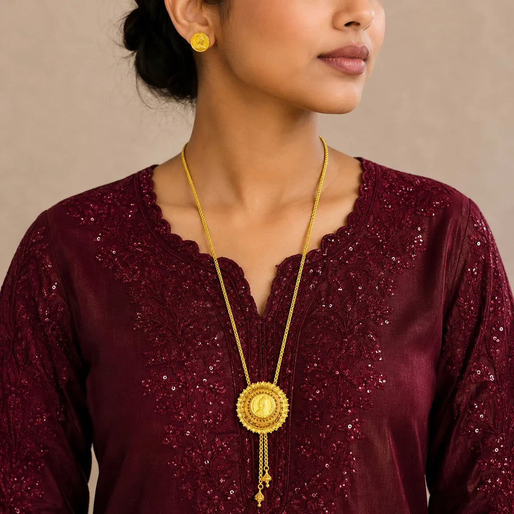 Gold Micro Plated Coin Medallion Temple Tie Chain Necklace Set For Women