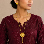 Gold Micro Plated Coin Medallion Temple Tie Chain Necklace Set For Women