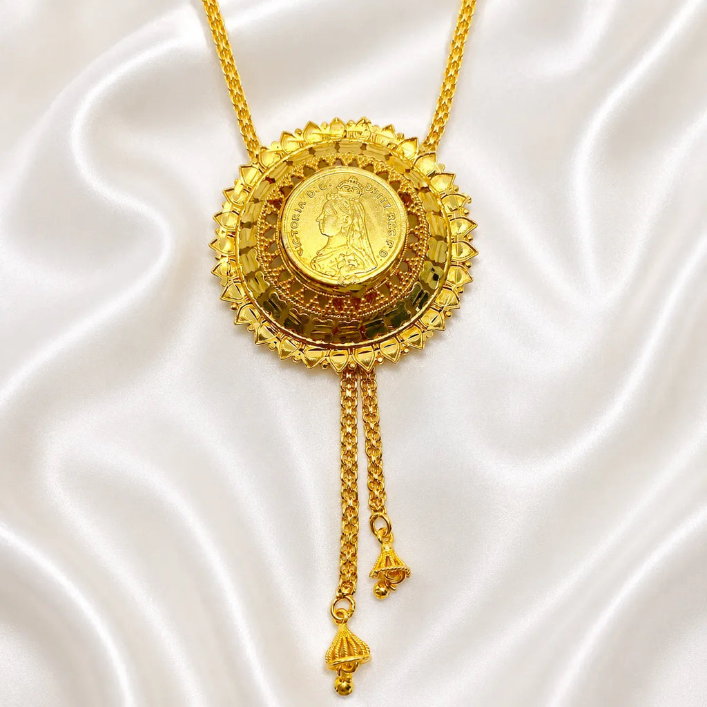Gold Micro Plated Coin Medallion Temple Tie Chain Necklace Set For Women