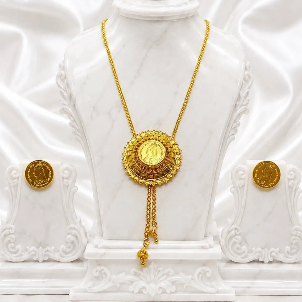 Gold Micro Plated Coin Medallion Temple Tie Chain Necklace Set For Women