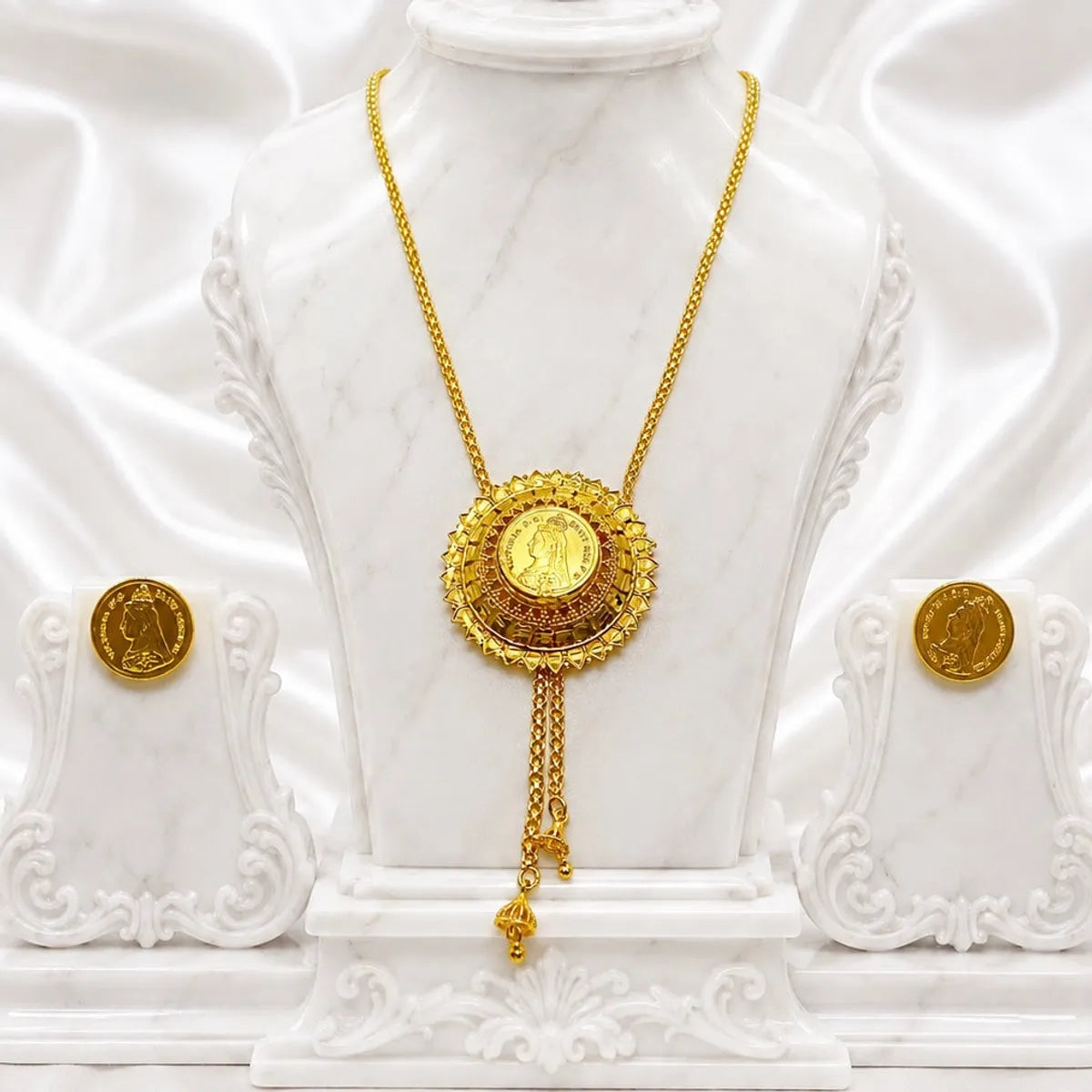 Gold Micro Plated Coin Medallion Temple Tie Chain Necklace Set For Women
