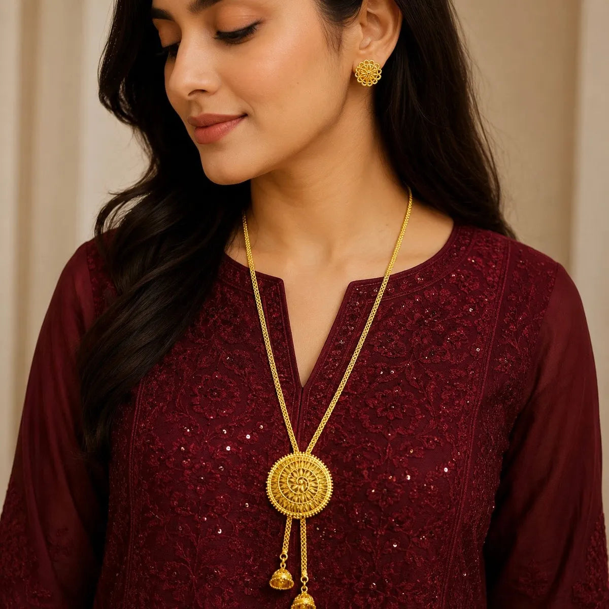 Gold Micro Plated Copper Temple Medallion Tie Chain Necklace Set