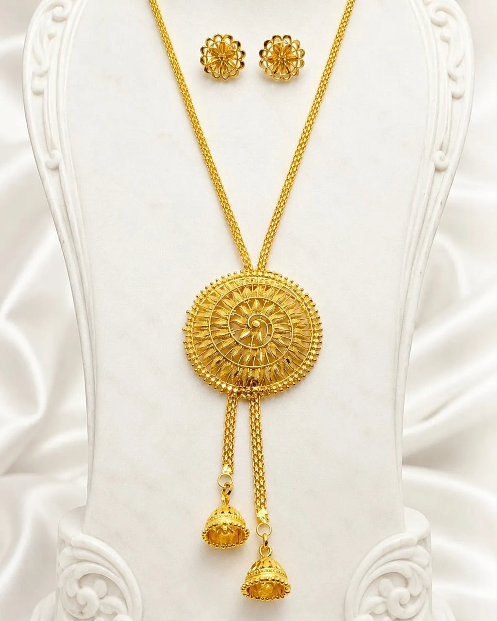 Gold Micro Plated Copper Temple Medallion Tie Chain Necklace Set