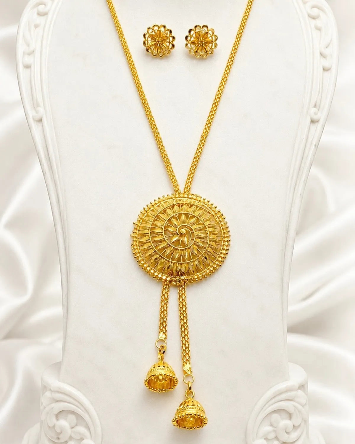 Gold Micro Plated Copper Temple Medallion Tie Chain Necklace Set