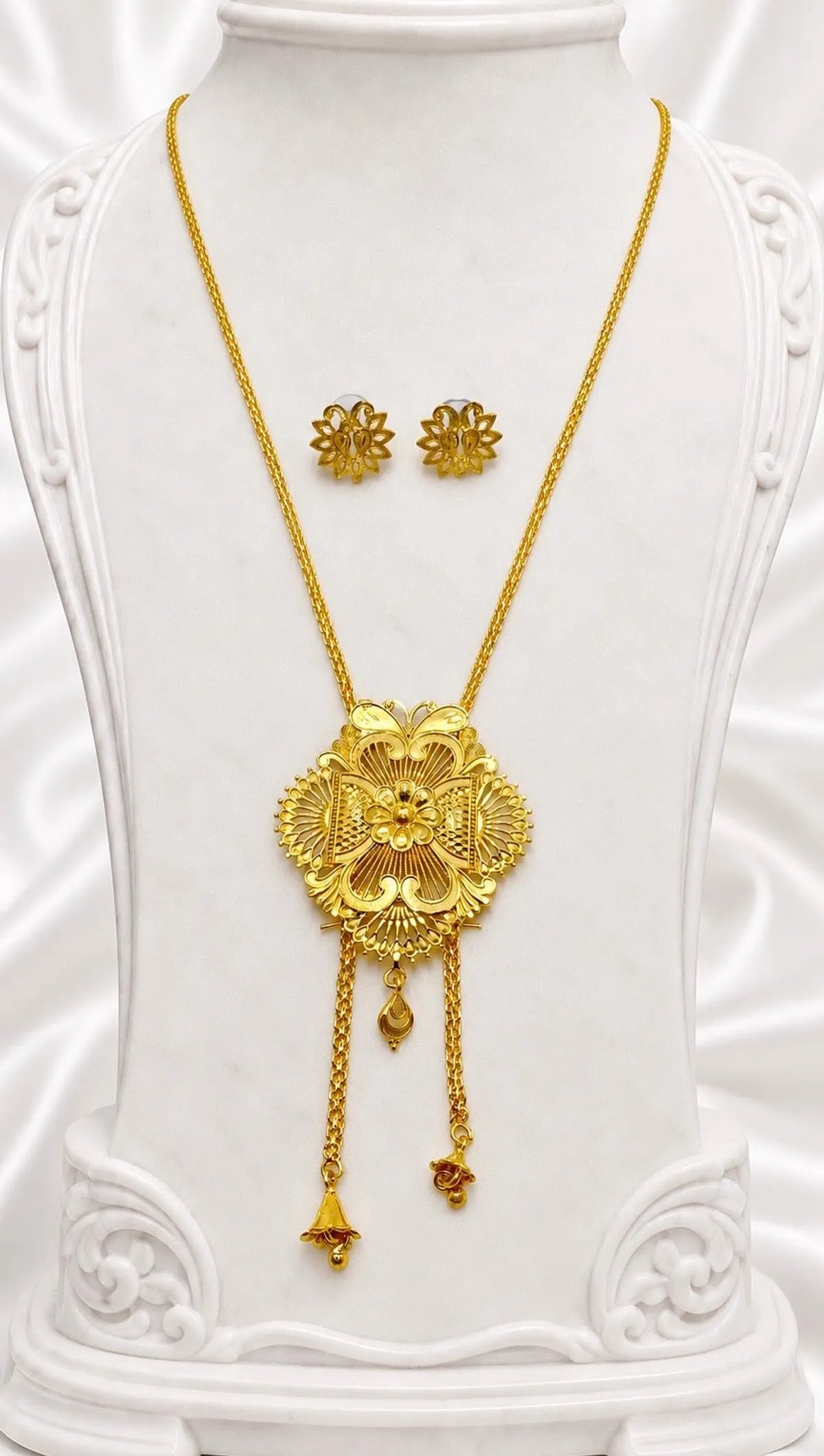 Gold Micro Plated Floral Medallion Temple Tie Chain Necklace Set