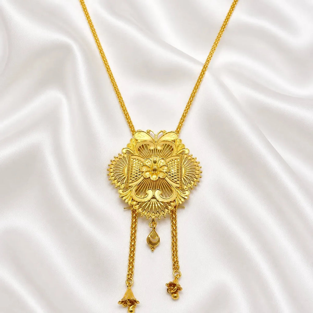 Gold Micro Plated Floral Medallion Temple Tie Chain Necklace Set