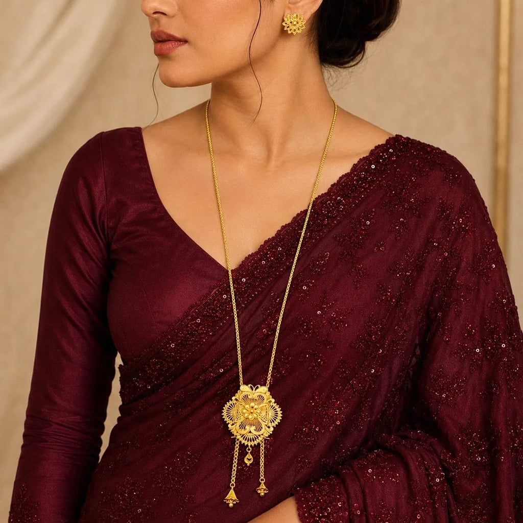 Gold Micro Plated Floral Medallion Temple Tie Chain Necklace Set