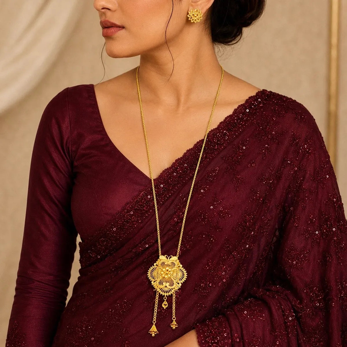 Gold Micro Plated Floral Medallion Temple Tie Chain Necklace Set