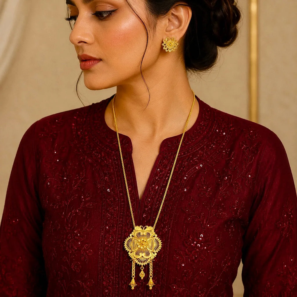 Gold Micro Plated Floral Medallion Temple Tie Chain Necklace Set