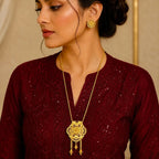 Gold Micro Plated Floral Medallion Temple Tie Chain Necklace Set