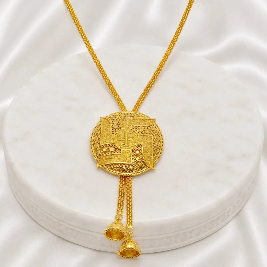 Gold Micro Plated Swastik Temple Tie Chain Necklace Set For Women