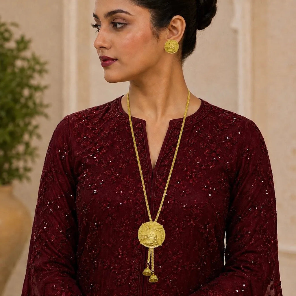 Gold Micro Plated Swastik Temple Tie Chain Necklace Set For Women