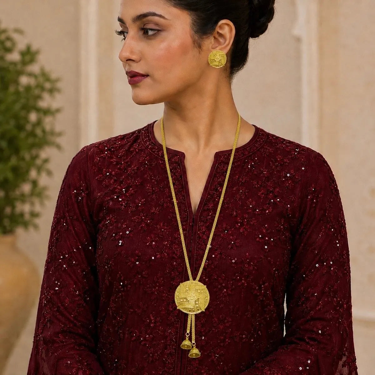 Gold Micro Plated Dubai Floral Pendant Necklace Set For Women
