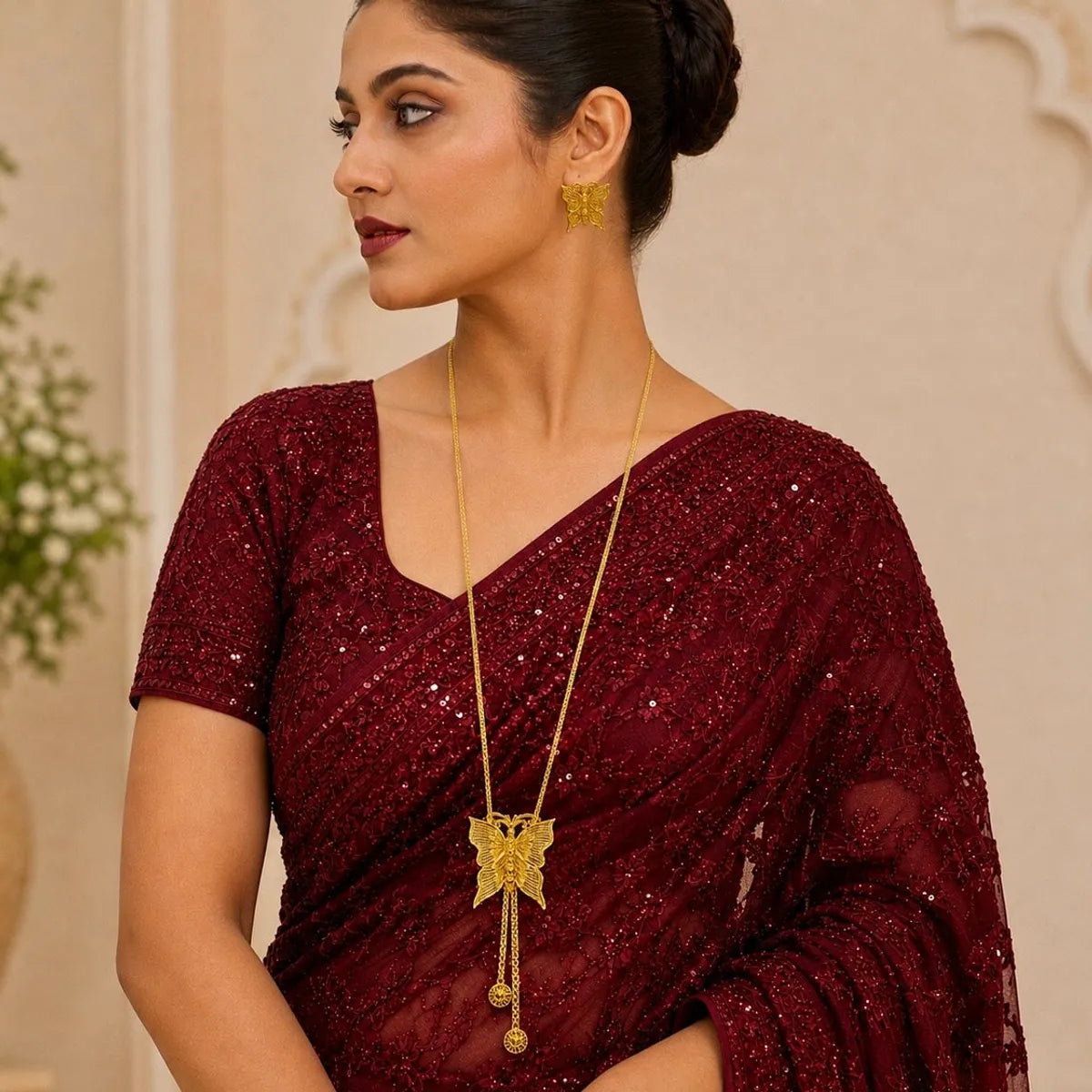 Gold Micro Plated Butterfly Temple Tie Chain Necklace Set
