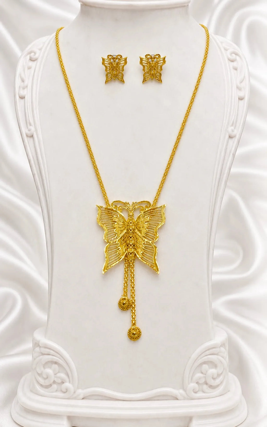 Gold Micro Plated Butterfly Temple Tie Chain Necklace Set