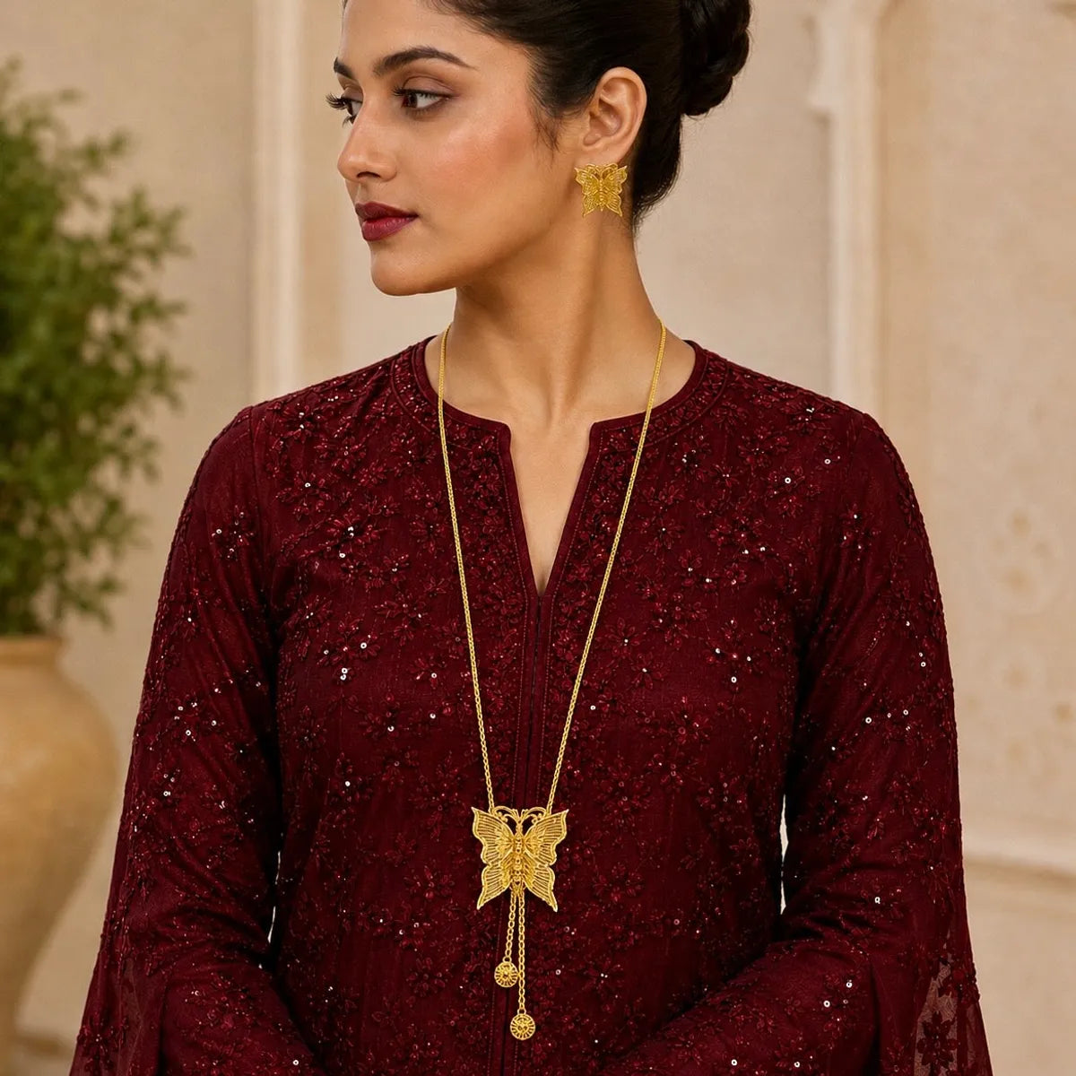 Gold Micro Plated Butterfly Temple Tie Chain Necklace Set