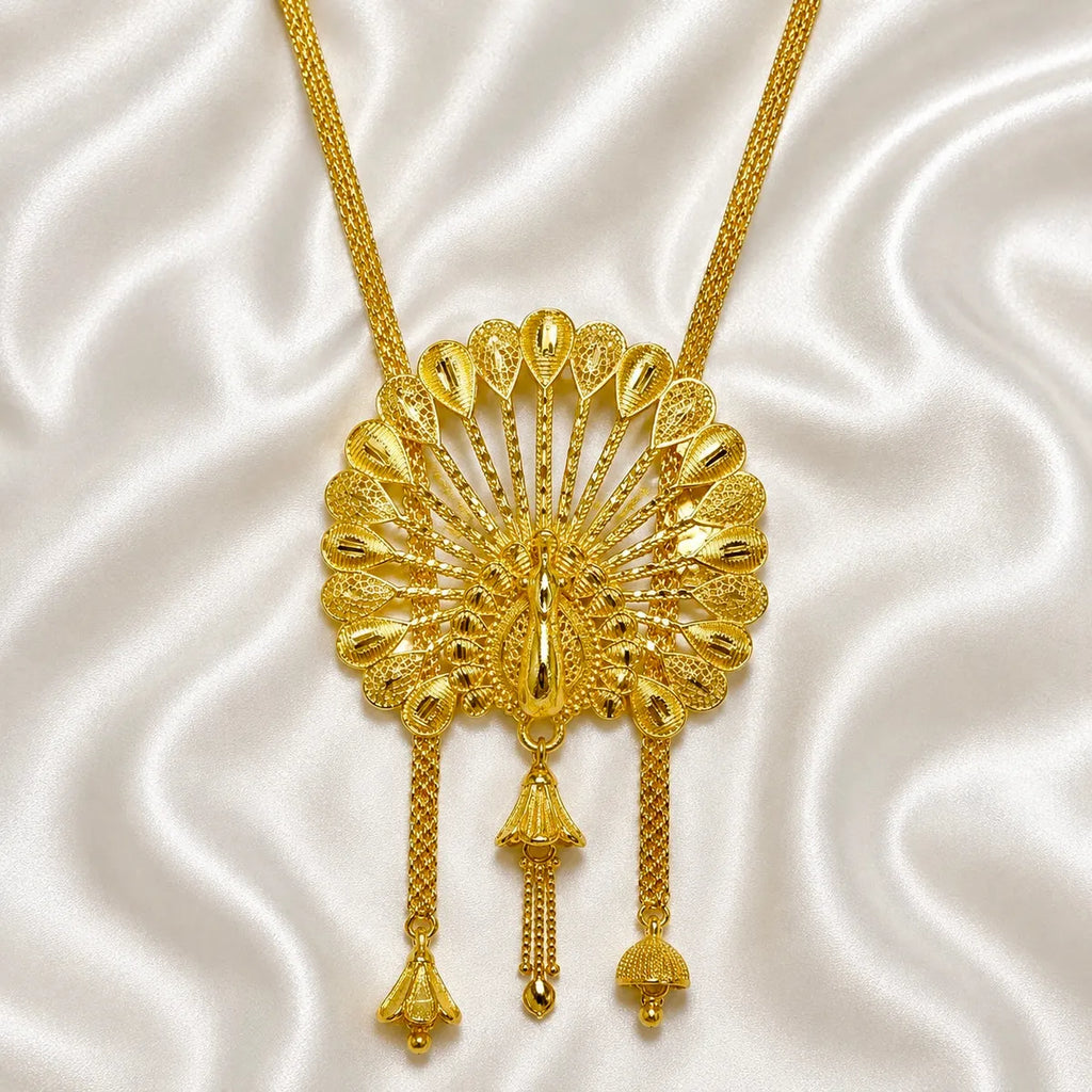 Gold Micro Plated Temple Peacock Fan Tie Chain Necklace Set