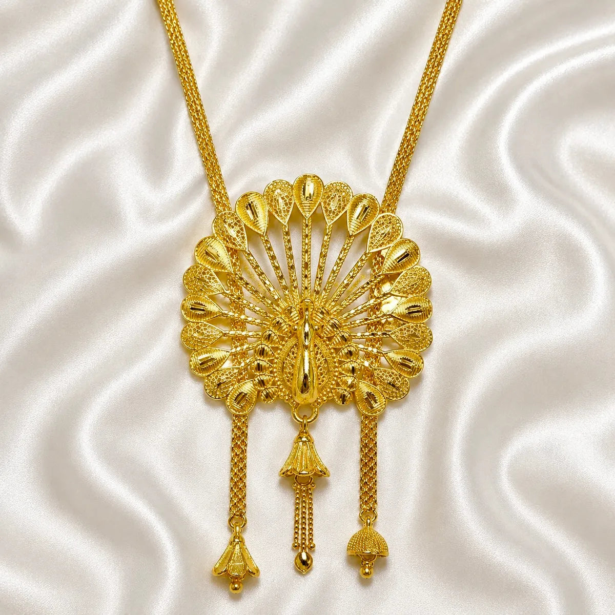 Gold Micro Plated Temple Peacock Fan Tie Chain Necklace Set
