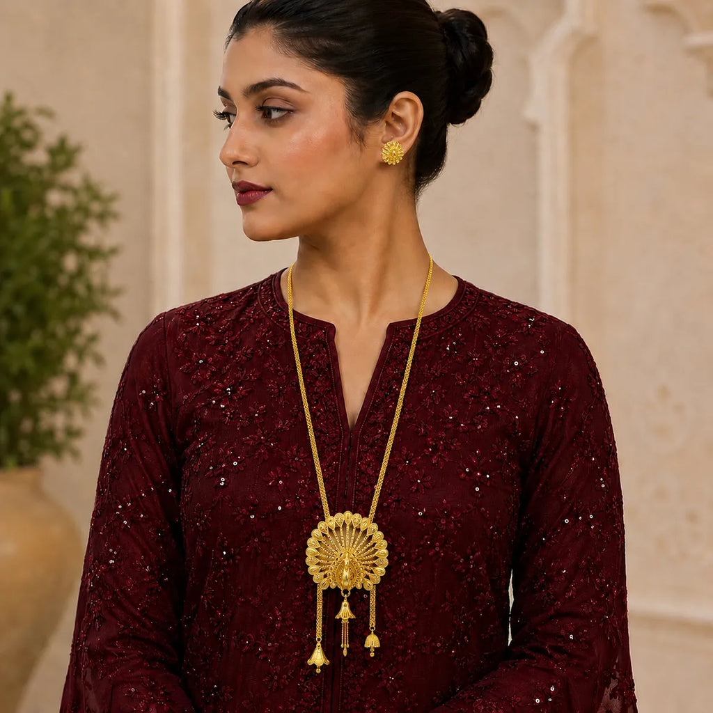 Gold Micro Plated Temple Peacock Fan Tie Chain Necklace Set