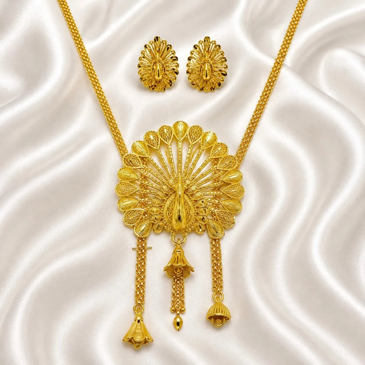 Gold Micro Plated Temple Peacock Fan Tie Chain Necklace Set
