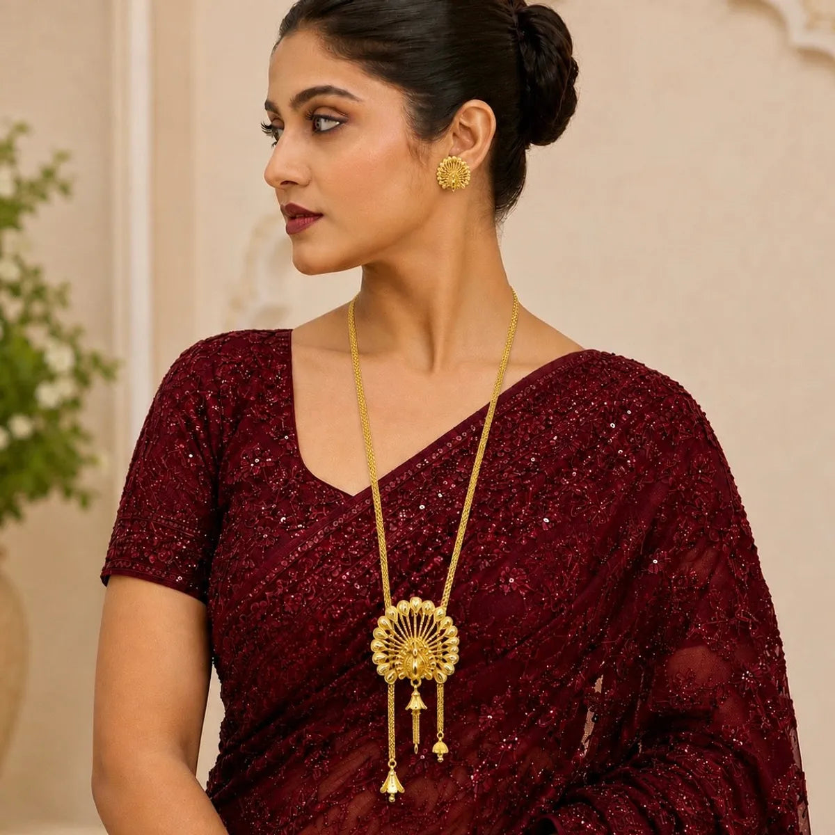 Gold Micro Plated Temple Peacock Fan Tie Chain Necklace Set