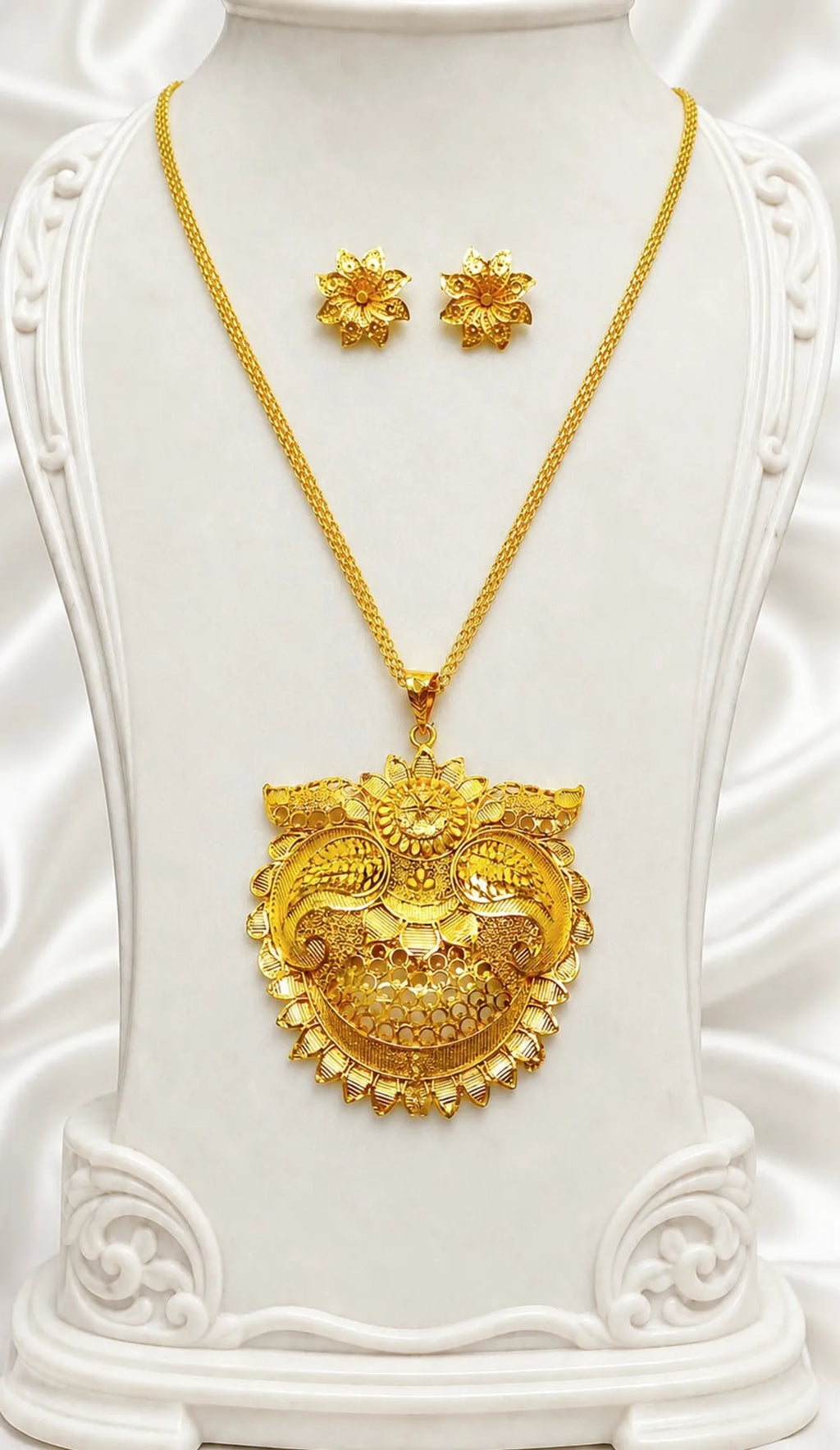 Gold Micro Plated Copper Floral Sunburst Temple Pendant Necklace Set